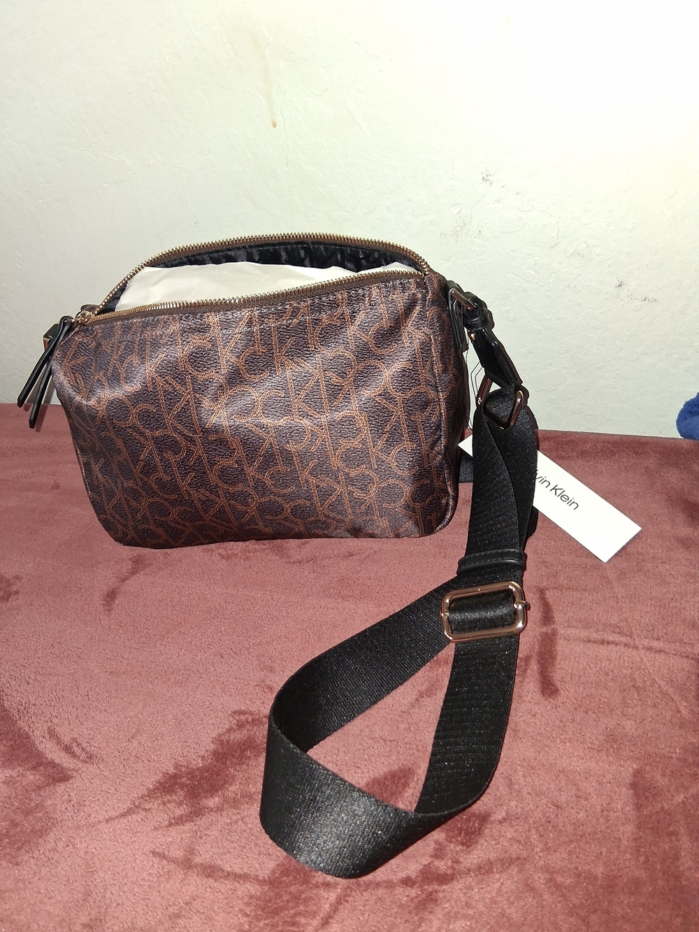 Calvin Klein Brown Monogram Belt Bag with Black Strap